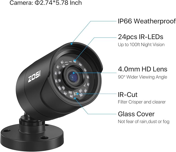 ZOSI H.265+ 1080p 16 Channel Home Security Camera Outdoor Indoor, 16CH CCTV DVR with AI Human Vehicle Detection and 8 x 1080p Surveillance Bullet Camera, 100ft Night Vision, 90° View Angle, 2TB HDD