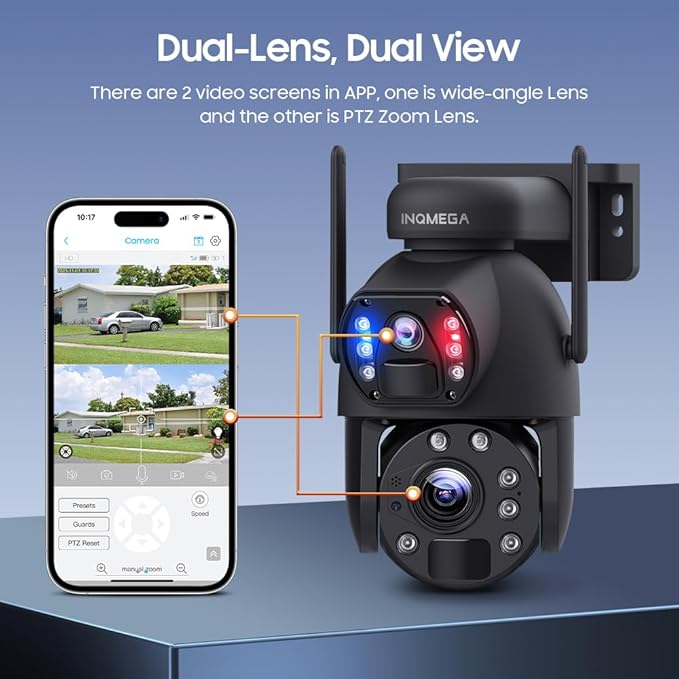 INQMEGA [50X Optical Zoom] Metal 4G LTE Cellular Solar Camera,6MP Solar Camera Wireless Outdoor,12000mAh Battery& 6W Solar Panel,Color Night Vision,Dual Screen,Include 4G Card