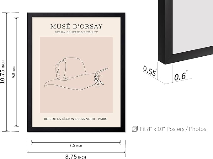 Poster Master Vintage Poster - Retro One Line Snail Drawing Print - Snail Line Art - Minimal Gift for Men, Women, Animal Lover - Abstract Wall Decor for Home, Office, 8x10 Black Framed