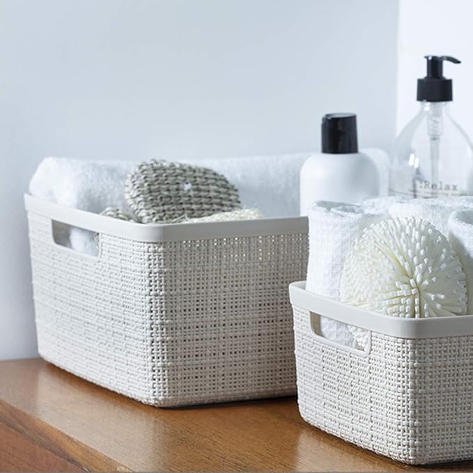 Curver Set of 6 Jute Medium Decorative Plastic Organization and Storage Baskets, Perfect Bins for Home Office, Closet Shelves, Kitchen Pantry and All Bedroom Essentials, White