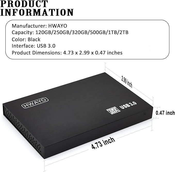 2.5'' 500GB Ultra Slim Portable External Hard Drive USB3.0 HDD Storage Compatible with PC, Desktop, Laptop, Xbox One Console (Black)