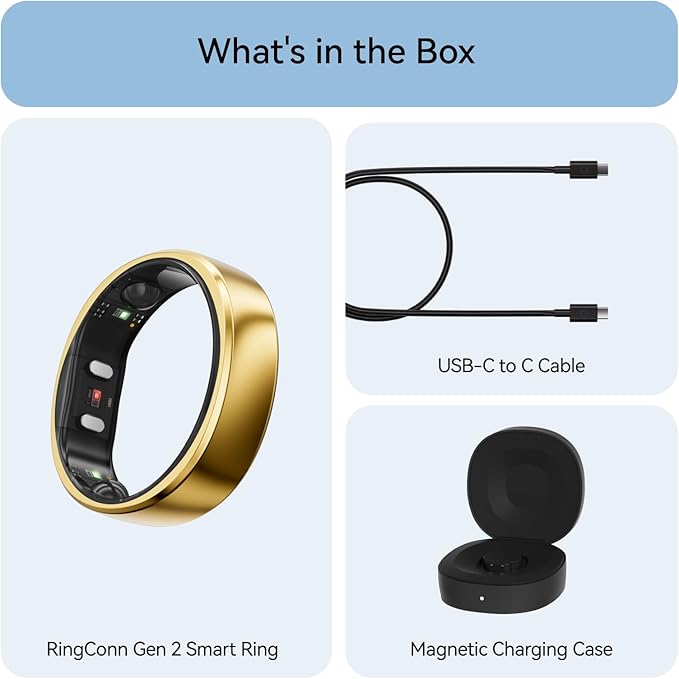 RingConn Gen 2, World’s First Smart Ring with Sleep Apnea Monitoring, No APP Subscription, 12-Day Battery Life, Stress/Heart Rate/Women's Health Tracker, Android & iOS Compatible (Gold, Size 8)