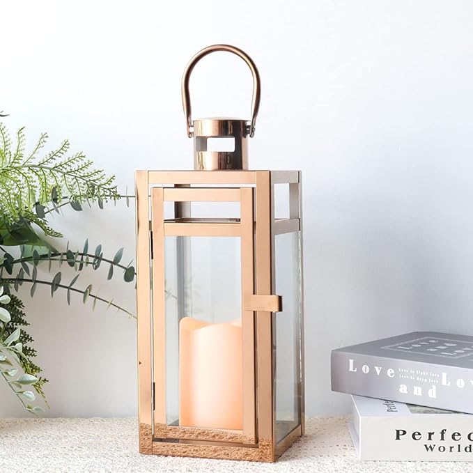 TRIROCKS Stainless Steel Decorative Lantern 12'' High Metal Candle Holder with Clear Glass Panels Perfect for Home Decor Living Room Parties Events Tabletop Indoors Outdoors (Rose Gold)