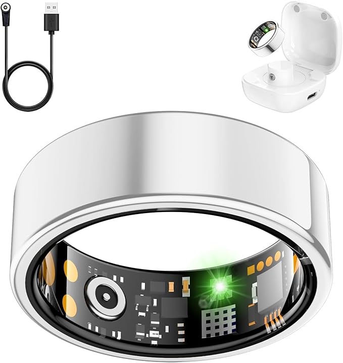 Smart Health Ring for Women Men, Fitness Tracker Ring with Heart Rate, Blood Oxygen, Sleep Tracker, Step Tracker, No Subscription Fee, IP68 Waterproof Smart Ring for iphone & Android (Silver, 12#)