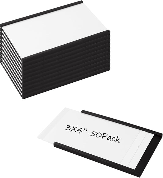 Realth C Channel Magnetic Label Holders 50 Pack 3'' x 4'' with Paper Inserts and Clear Plastic Protectors, Magnetic Data Card Holders File Cabinet Labels for Metal Racks and Shelves