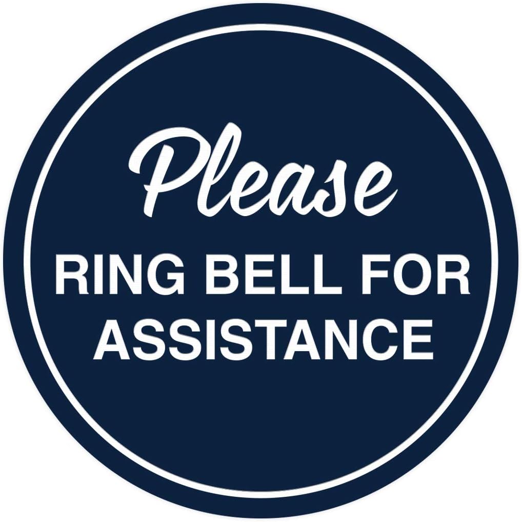 Signs ByLITA Circle Please Ring Bell For Assistance Wall or Door Sign | Easy Installation | Front Desk Reception Sign (Navy Blue/White) - Small (5 Pack)