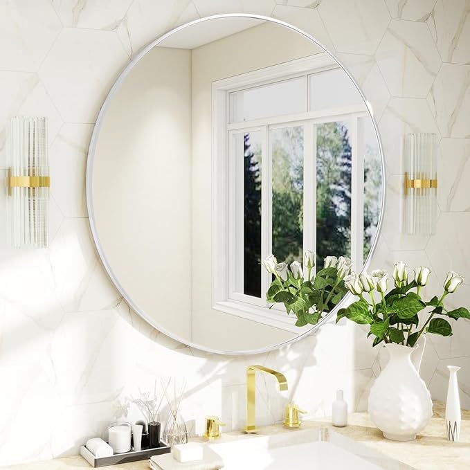 BEAUTYPEAK 20 Inch Round Mirror, Metal Frame Circle Mirror, Wall Mounted for Entryway, Bathroom, Vanity, Living Room, White