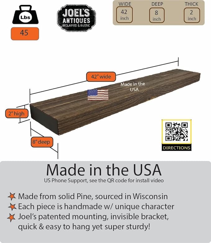 joelsantiques 42 Inch Wooden Floating Shelves for Wall - 42x8x2 in - Made of Natural Wood - Heavy Duty Rustic Wall Shelves Made in USA - Perfect for Living Room, Kitchen - Brown