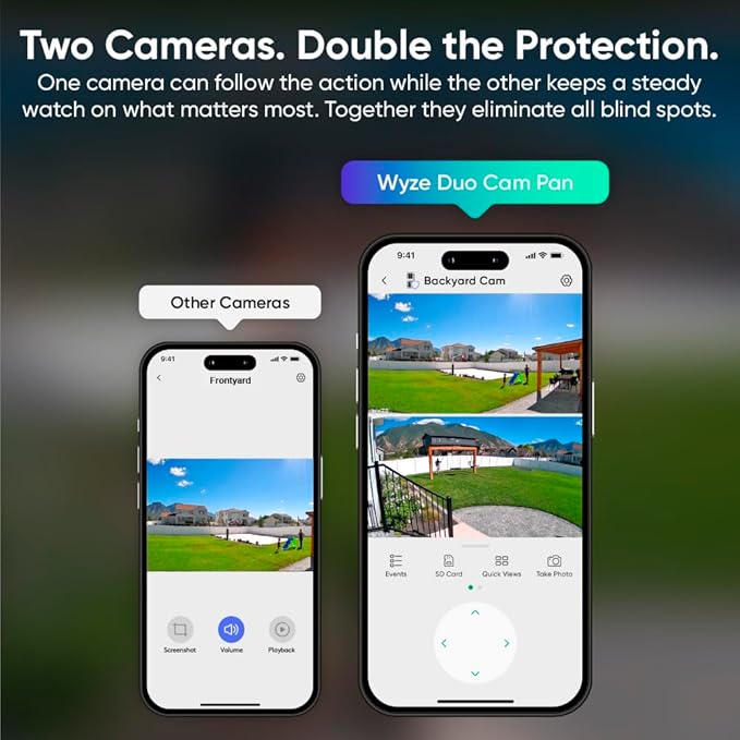 WYZE Duo Cam Pan Indoor/Outdoor IP65 2K 360° Pan/Tilt Smart Home Security Camera with Color Night Vision, Compatible with Alexa & Google Assistant, White