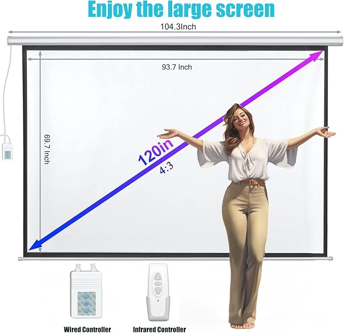 120" Motorized Projector Screen, Electric 4:3 Projector Screen with Remote Control, Indoor/Outdoor HD Movie Screen, Wall/Ceiling Mounted, Perfect for Home Office Theater TV, White