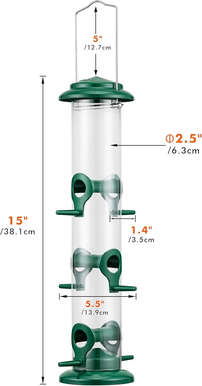 iBorn Metal Bird Feeders 6 Ports Hanging Wild Bird Seed Feeder for Mix Seed Blends, Niger Seed Feeder, Sunflower Heart, Birdbath, Heavy Duty All Metal Green Finishing 14 Inch 6Port