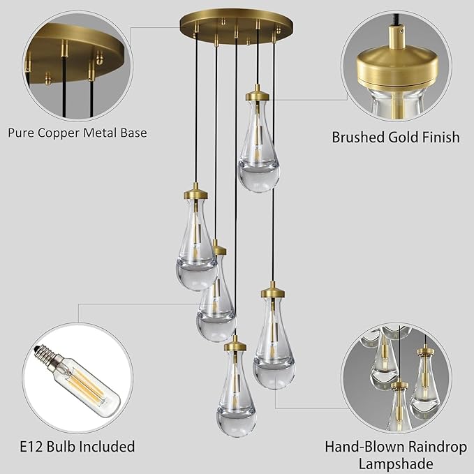 Gold 5 Light Cluster Pendant Lighting, Raindrop Chandeliers Brass Dining Room Lights Fixture, Teardrop Pendant Lights Kitchen Island, Hanging Lamp Ceiling for Entryway Foyer Staircase