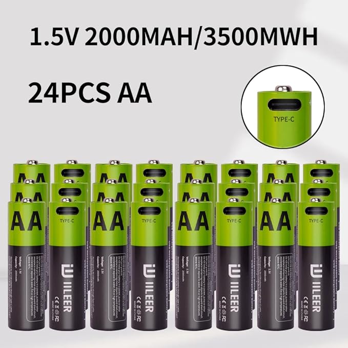 2000mAh USB-C Rechargeable AA Batteries, 1200 Cycles Life, Fast Charging with Type-C Cable, for Gaming Controllers, Mouse, Keyboard & Home Electronics, Black Green (4)