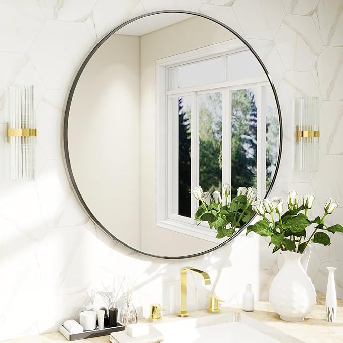 BEAUTYPEAK 20 Inch Round Mirror, Metal Frame Circle Mirror, Wall Mounted for Entryway, Bathroom, Vanity, Living Room, Black