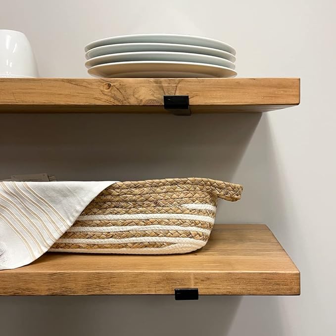 Rustic Shelves with J-Brackets Set of 2, Industrial Shelf, Kitchen Shelves, Solid Wood, Decorative Wall Storage, Heavy Duty, URBANDI (Brown, 12Wx6D)