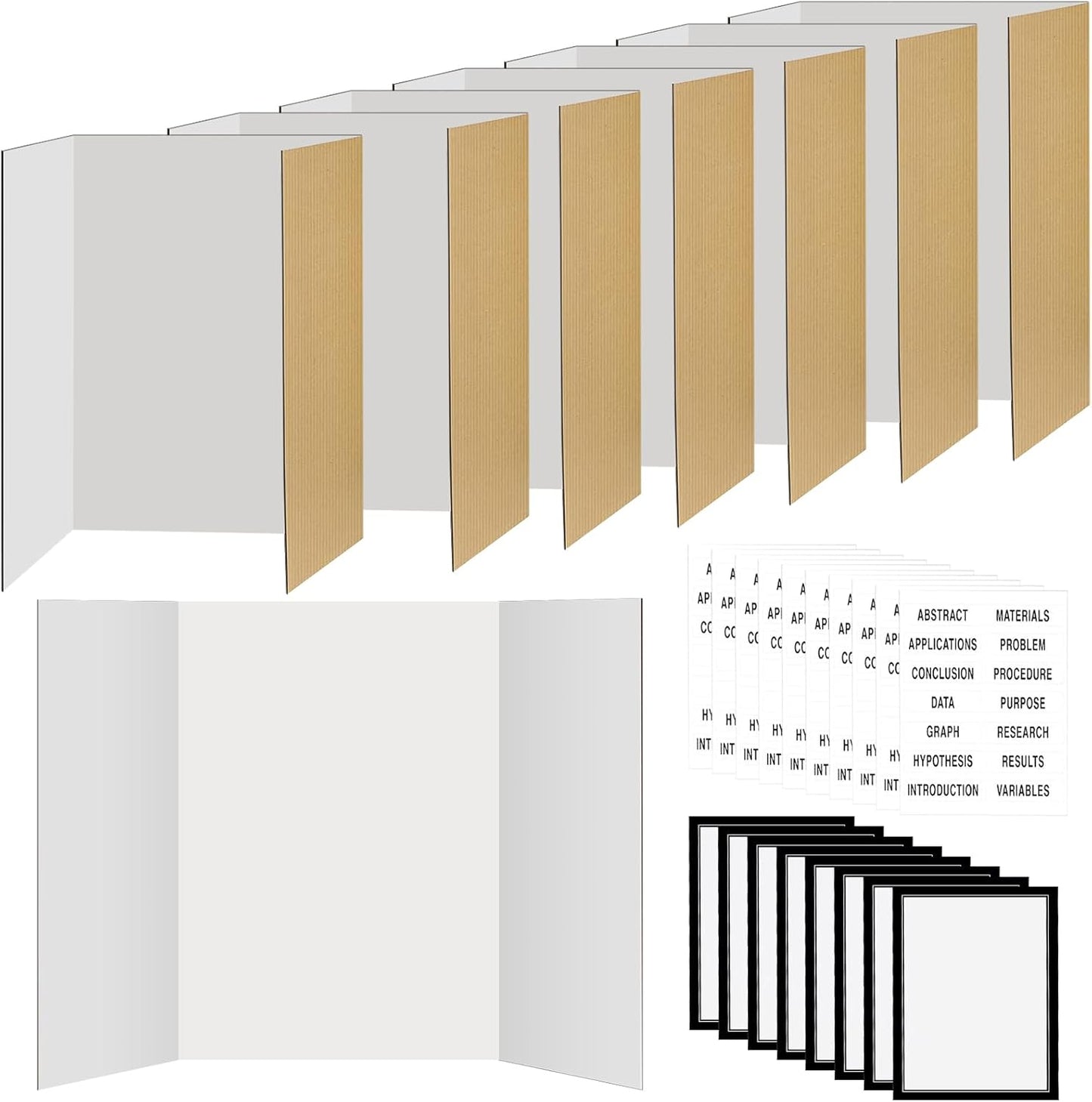 8 Pack 36"x48" Large Trifold Poster Display Board with Headers,White Foldable Presentation Paper Board with 8 Science Subtitles and 64 Self-Adhesive for School Science Business Project Display