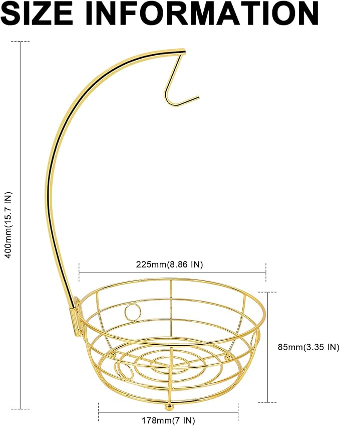 Livabber Countertop Fruit Basket Bowl with Banana Hanger, Modern Standing Fruit Vegetable Bowl Storage, with Banana Tree Holder for Kitchen Dinning Table (Round Metal, Gold)