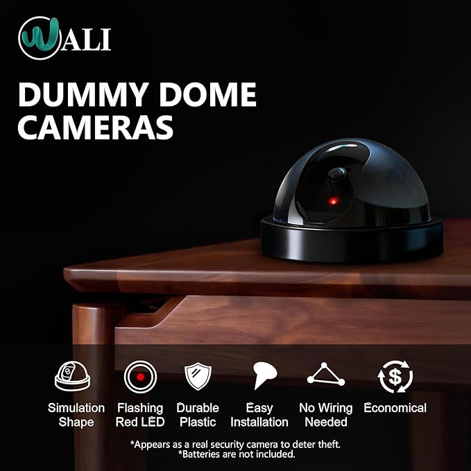 WALI Dummy Fake Security CCTV Dome Camera with Flashing Red LED Light with Security Alert Sticker Decals (SD-2), 2 Packs, Black