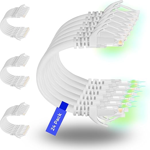 Rapink Patch Cables Cat6 14ft (24 Pack), Ethernet Patch Cable 10G, Cat 6 Patch Cable for Patch Panel to Switch, Flexiable Cat 6 Ethernet Cable with Gold Plated White