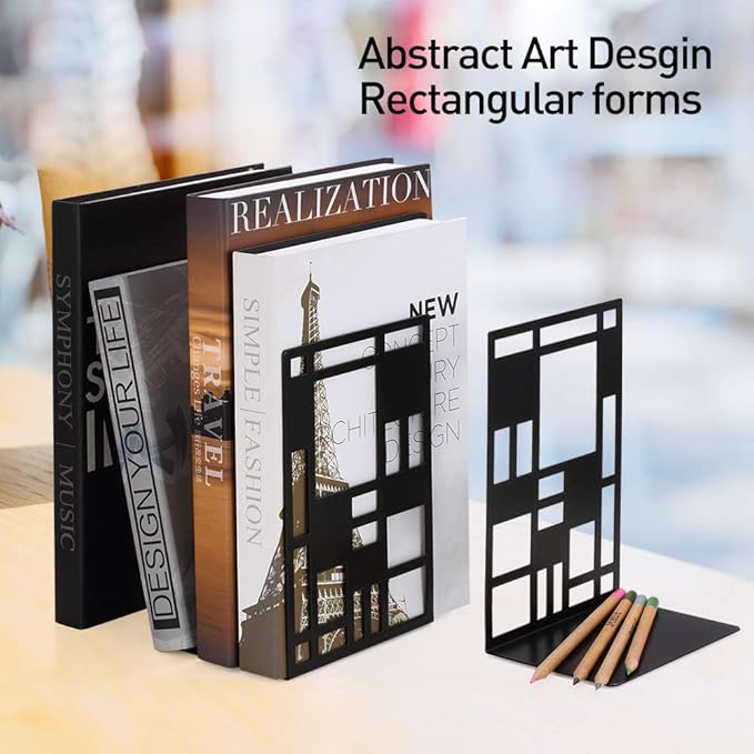 Book Ends, Bookends, Book Ends for Shelves, Bookends for Heavy Books, Book Divider Decorative Holder, Metal Heavy Duty Bookend Black 3 Pair, Abstract Art Desgin Book Stopper Supports for Office, Home