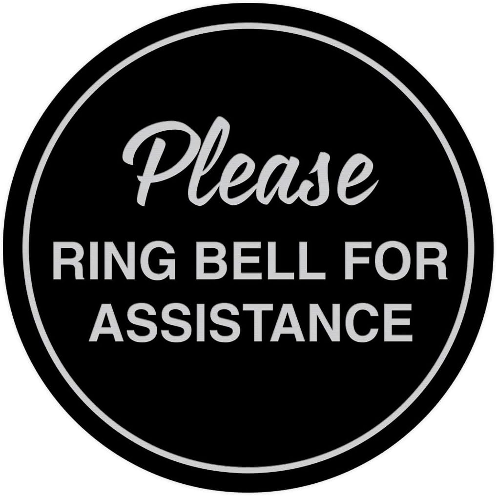 Signs ByLITA Circle Please Ring Bell For Assistance Wall or Door Sign | Easy Installation | Front Desk Reception Sign (Black/Silver) - Small (5 Pack)