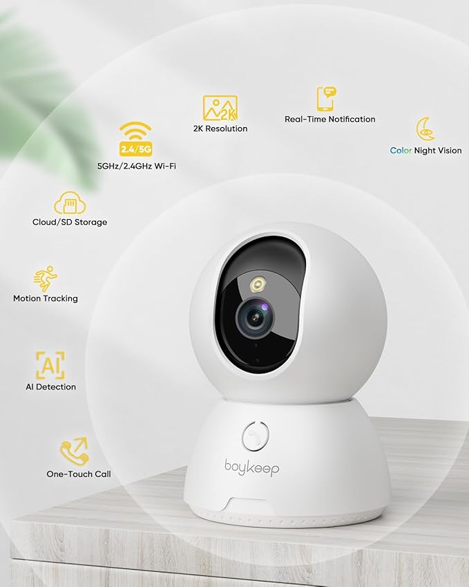 BoyKeep Indoor Camera, 2K Cameras for Home Security with Motion Detection, Pet Camera Indoor with Phone App, Color Night Vision, 2-Way Audio, Cloud/TF Card Storage, Compatible with Alexa
