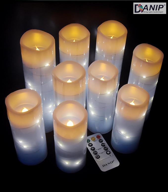 Sky Blue Flameless Candle, with Built-in Star Clusters, 9 LED Candles, 11 Button Remote Control, 24-Hour Cycle Timing, Flashing Flames, Real Wax, Battery Powered. (Full Sky Star Series)…