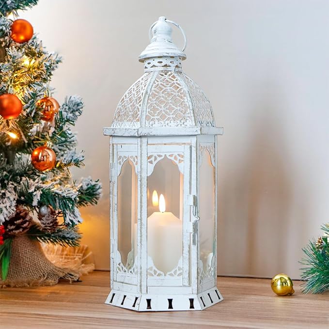 JHY DESIGN Decorative Candle Lantern 15''H Vintage Metal Candle Holder for Garden Living Room Indoor Outdoor Parties Weddings Patio(White with Gold Brush)