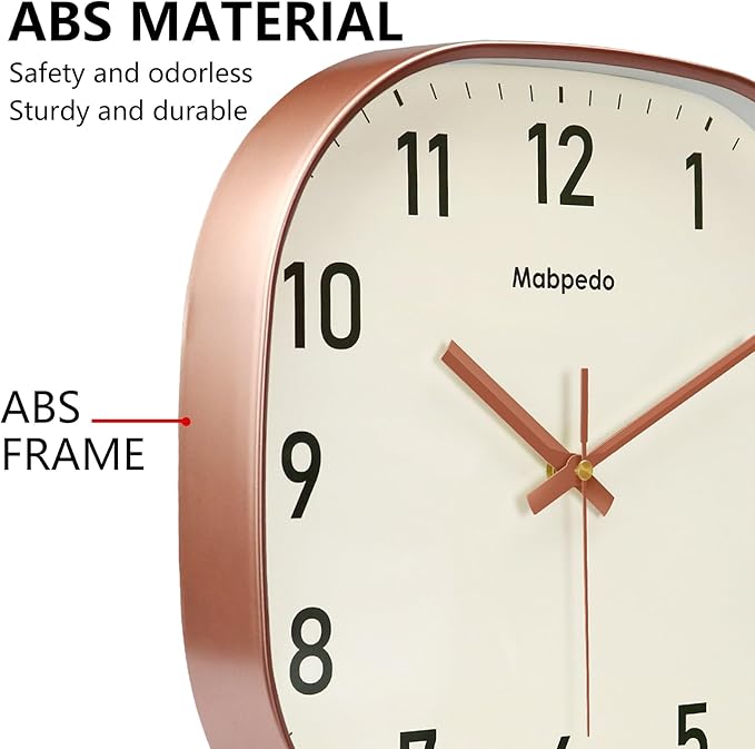 Wall Clocks Battery Operated, 12 Inch Silent Wall Clock, Non Ticking Square Analog Decorative Wall Clocks for Bedroom Living Room Office Home Gym Porch Decor Indoor Outdoor Clock, Rose Gold