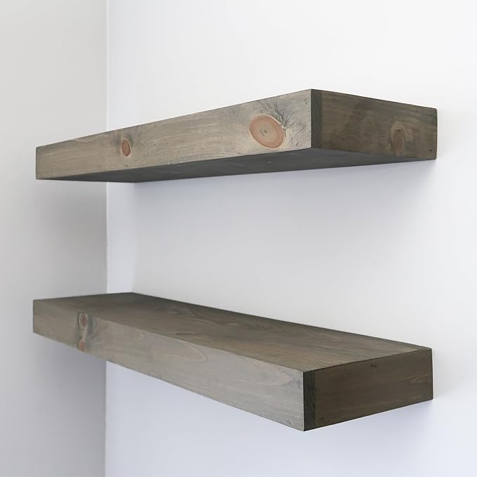 Modern Floating Shelves 3 Inches Thick for Wall, Wide Shelves for Kitchen, Living Room, Bedroom, and Bathroom, Natural Pine Wood, Rustic Wooden Shelf, (Set of 2) (Aged Barrel, 24Lx3Hx8D)