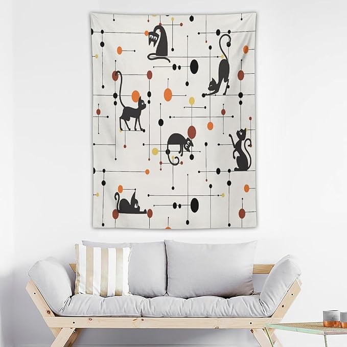 ICMOLYYENLO Abstract Cat Tapestry, Medieval Abstract Atomic Star Cat Vintage Home Wall Hanging Art Tapestry for Bedroom Living Room Dormitory 60x60 Inch