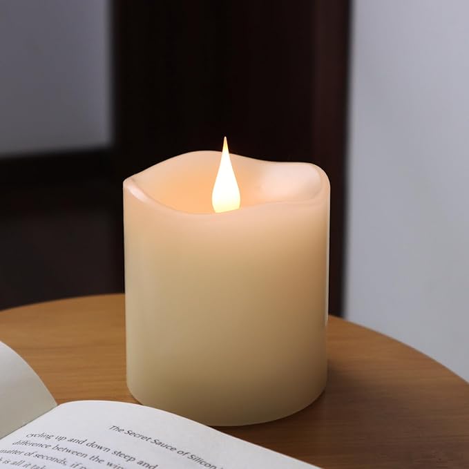 Flameless Candles Battery Operated with Timer, 3D Moving Flame Flickering, Last 600+ Hours Battery Candles, 3" x 3" Ivory Real Wax Electric LED Candle for Wedding Party Decorations