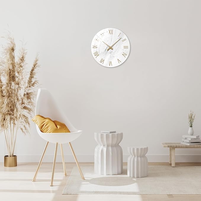 White Small Wall Clocks Battery Operated Marble Analog Clock for Bedroom 12 Inch Round Silent Wall Clock Modern
