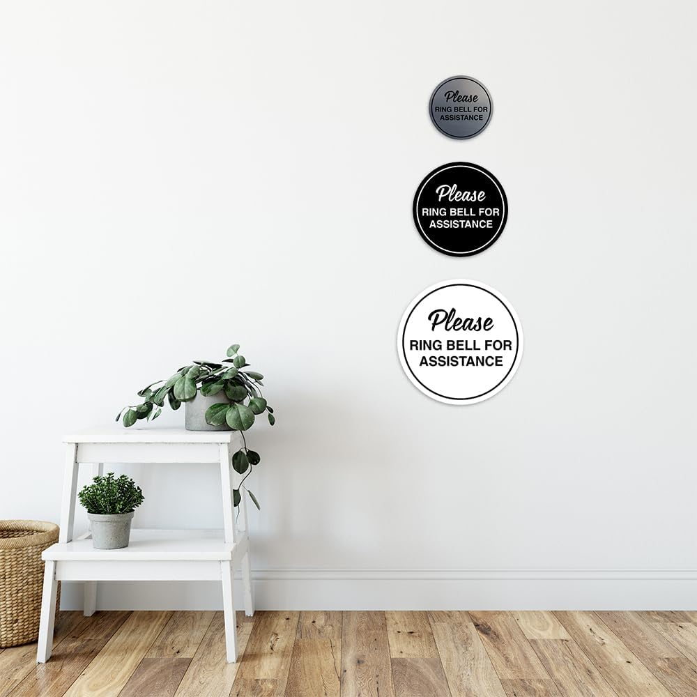 Signs ByLITA Circle Please Ring Bell For Assistance Wall or Door Sign | Easy Installation | Front Desk Reception Sign (Black Gold) - Medium (5 Pack)