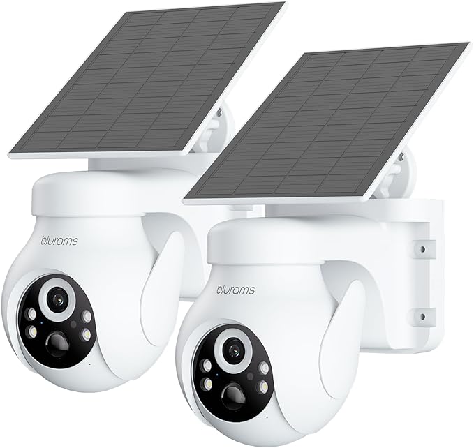 blurams 2K Solar Outdoor Camera Wireless, 360° PTZ Security Cameras Wireless Outdoor with Human Auto Tracking, R/Color Night Vision, Battery Powered, Compatible with Alexa, 2.4GHz Only, 2Pack