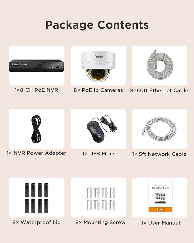 PoE Security Camera System, 5MP 8CH NVR with 2TB HDD, 8PCS Wired 5MP 2.8mm Dome IP Cameras, Smart Person Vehicle Detection Outdoor for Home, 24/7 Audio Recording, PD54Y0808-5M