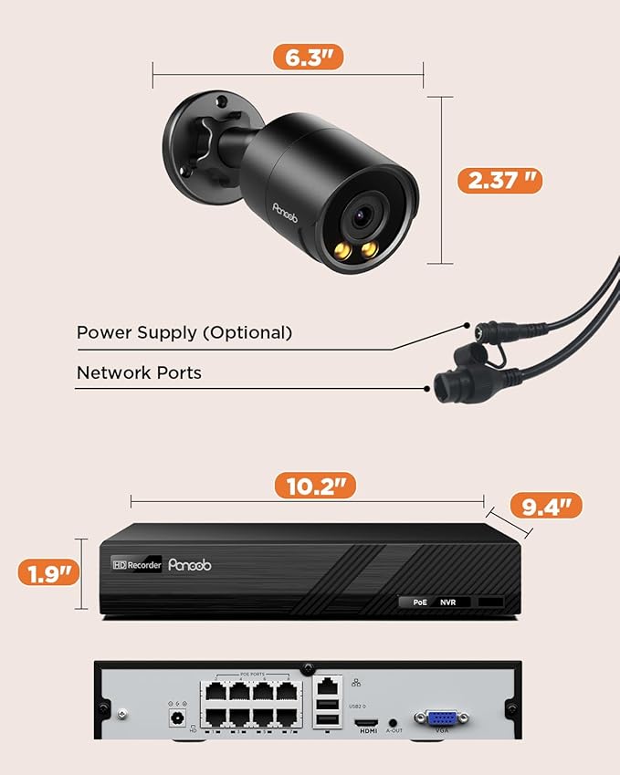 Security Camera System PoE, 4X 4MP Wired Bullet IP Cameras Outdoor Built-in Microphone, AI Human Vehicle Detection, 5MP 8CH NVR with 2TB HDD, Smart Color Night Vision, Black, PB38F30408-4MD