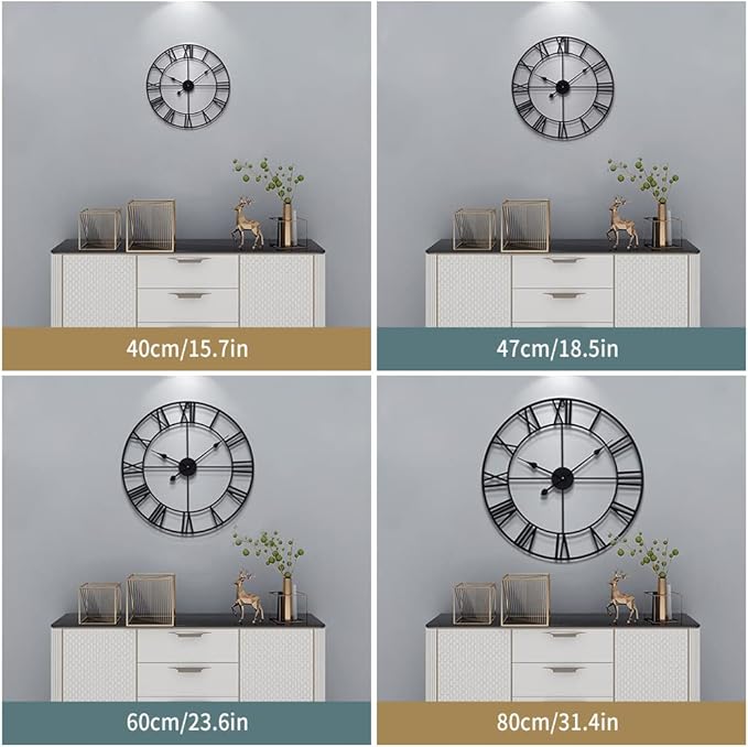 LEIKE 16" Large Wall Clocks Battery Operated, Round Modern Silent Non-Ticking Black Metal Wall Clock for Living Room Decor, Bedroom Kitchen (40cm Diameter, Black Roman Number)