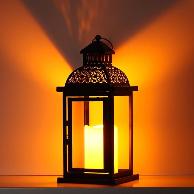 DECORKEY No Glass Lanterns Decorative Indoor & Outdoor, 15'' Candle Lantern Decorative Christmas Indoor Outdoor Decor, Vintage Metal Hanging Lanterns with LED Candle for Patio, Front Porch,Yard, Table