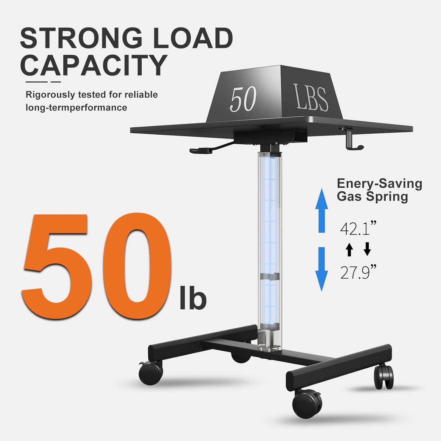 Mobile Small Standing Desk, Gas Spring Adjustable Height Rolling Portable Laptop Desk with Lockable Wheels, Computer Workstation, Rolling Podium (Black, 17.8 * 25.5)