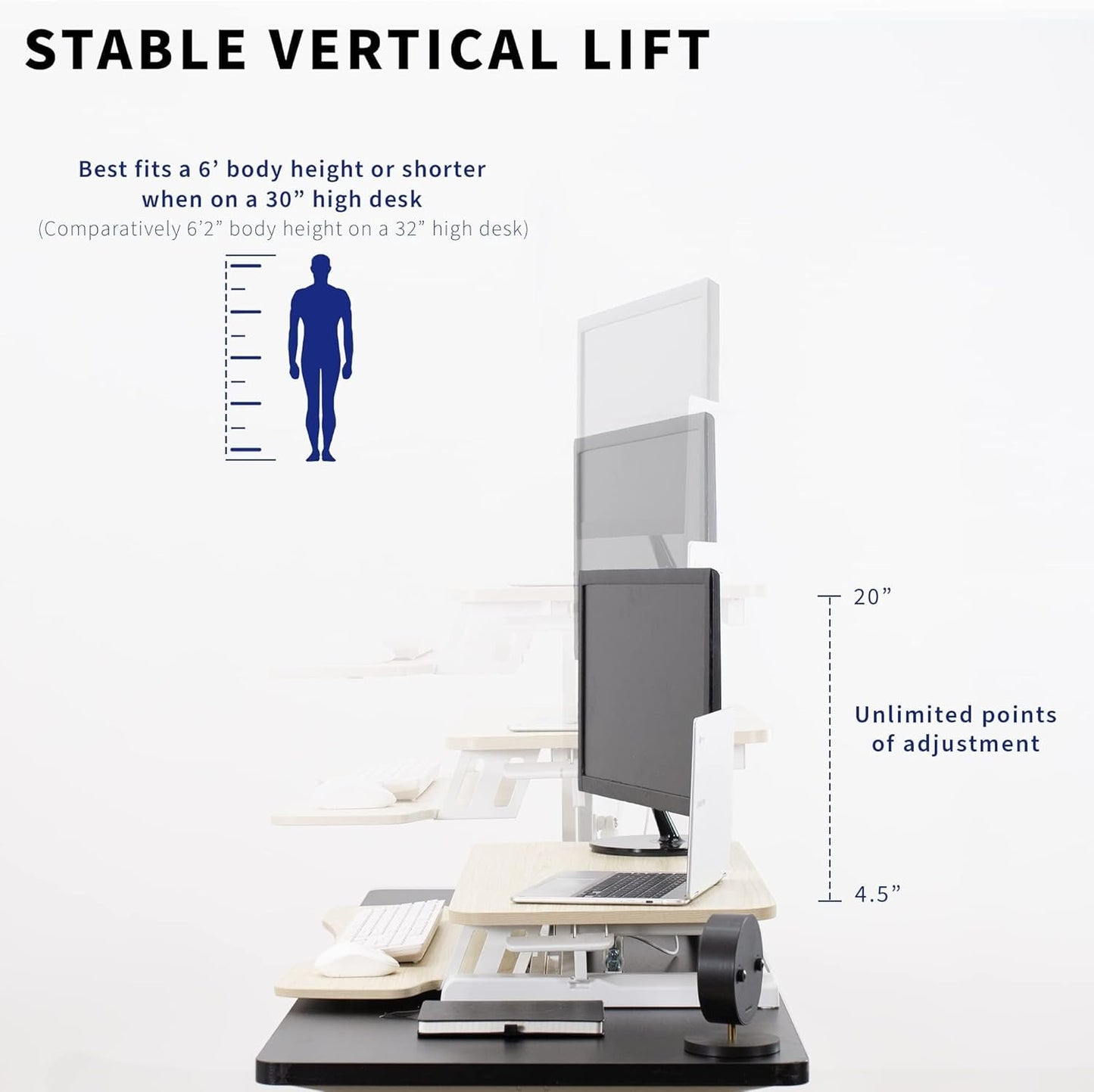 VIVO 32 inch Desk Converter, K Series, Height Adjustable Sit to Stand Riser, Dual Monitor and Laptop Workstation with Wide Keyboard Tray, Light Wood Top, White Frame, DESK-V000KF