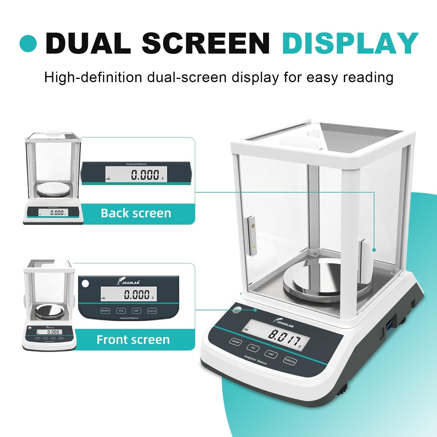 JOANLAB Analytical Balance 500g x 1mg Scale High Precision 0.001g Accuracy Digital Lab Scale for Laboratory Pharmacy Jewelry w/Front & Rear Display
