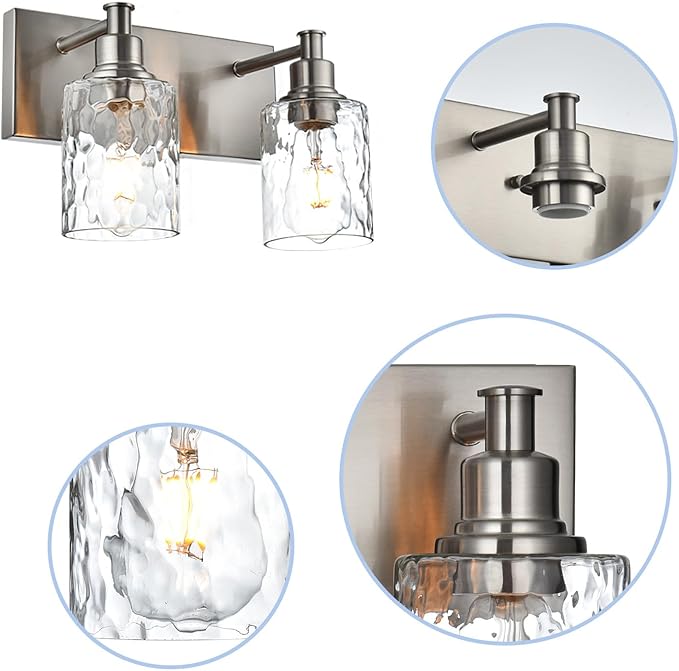 BONLICHT Modern Bathroom Light Fixtures in Brushed Nickel Finish, 2 Light Industrial Indoor Wall Sconce Farmhouse Vanity Lighting Over Mirror with Hammered Glass Contemporary Hallway Wall Mount Lamp