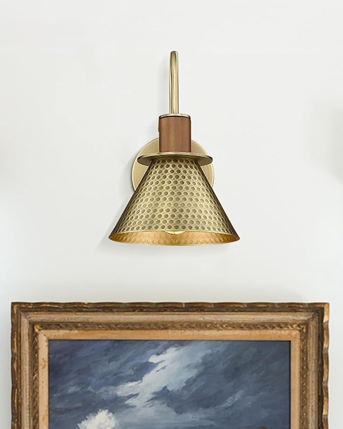 Antique Brass Wall Sconce, HWH Gooseneck Barn Wall Light Fixtures, 1-Light Single Wall Vanity Light, Farmhouse Wall Lamp for Bedroom Bedside Kitchen Hallway, Hammered Metal Shade, 5HZG74B-L BG