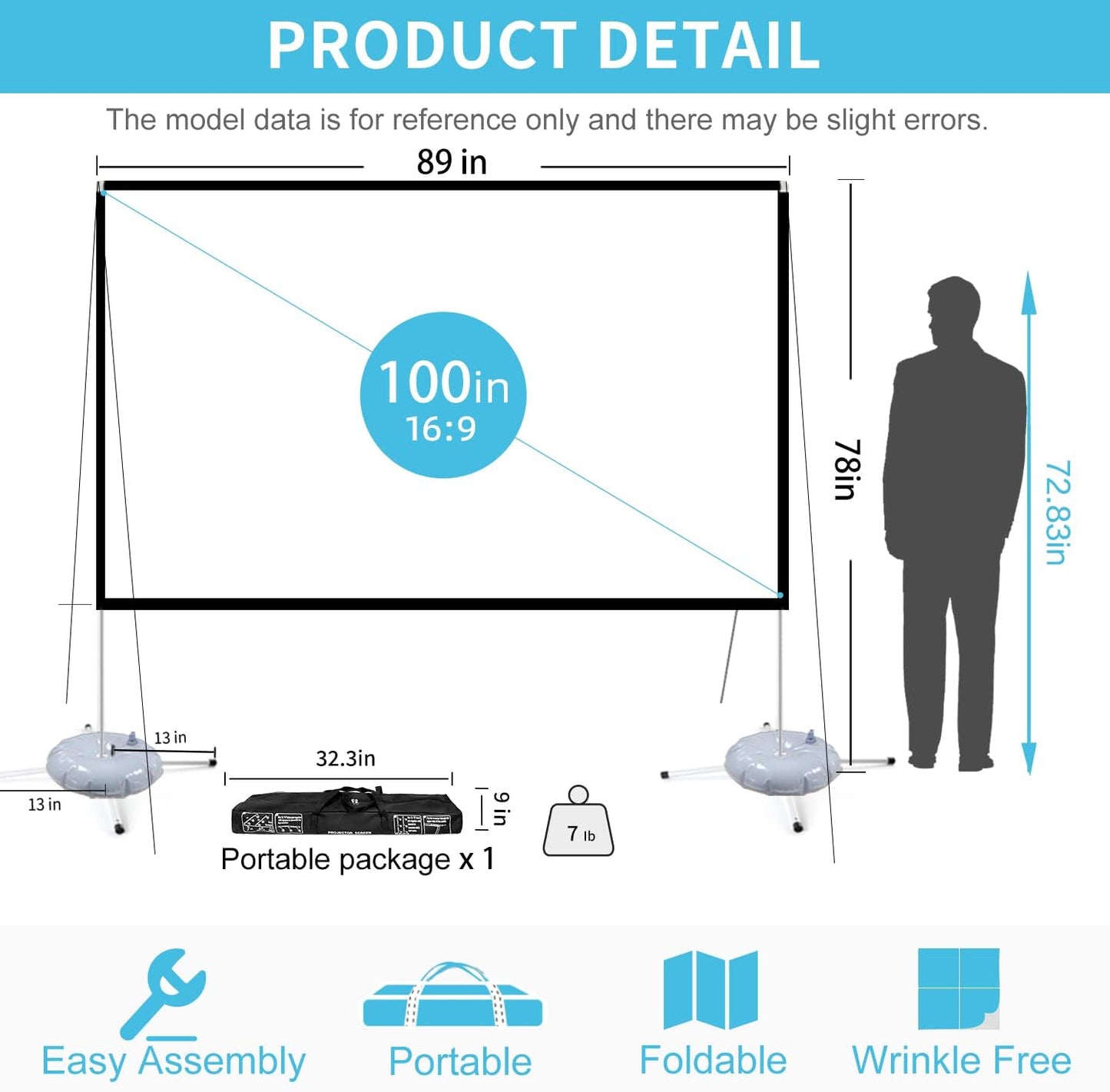 Portable Projector Screen Outdoor Movie: Foldable Rear 4K Projection Screens Stand for Camping Travel Backyard Video 100 inch