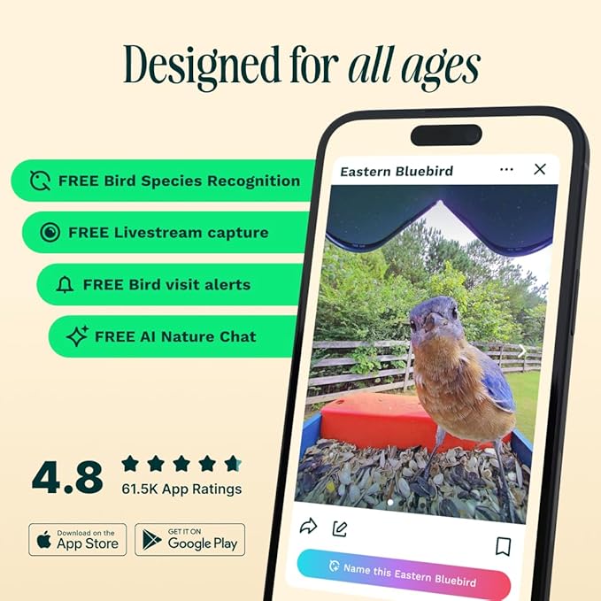 Birdbuddy PRO Solar Smart Bird Feeder with Camera - AI Bird Species Identification, 5MP Photos, 2K HD Video Live Stream Camera, Slow-Motion Video, 2.6in Focus - Blue Solar