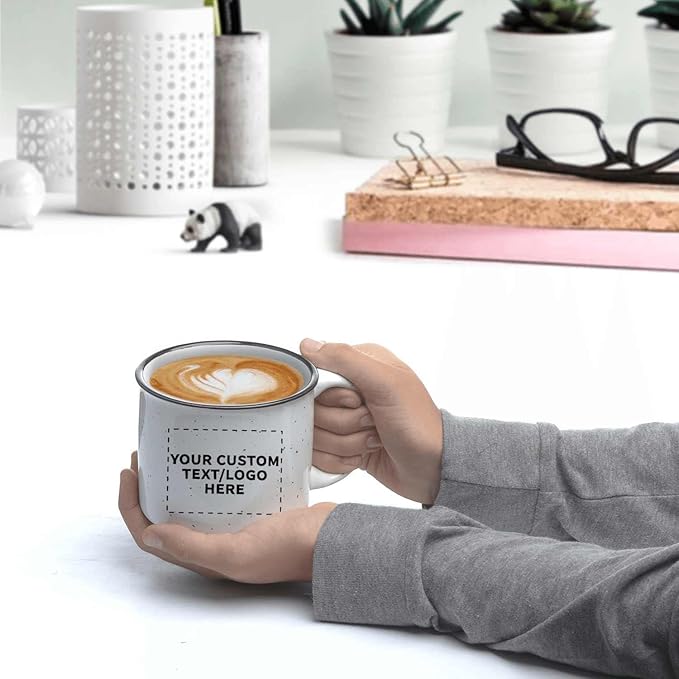 DISCOUNT PROMOS Custom Ceramic Campfire Coffee Mugs 13 oz. Set of 10, Personalized Bulk Pack - Perfect for Tea, Espresso, Cappuccino, Hot Cocoa - White