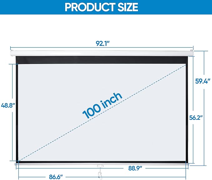 SUPER DEAL 100'' 16:9 HD Projection Screen Foldable Anti-Crease Portable Projector Movie Screen Manual Pull Down for Home Theater Presentation Education Outdoor Indoor Public Display, White