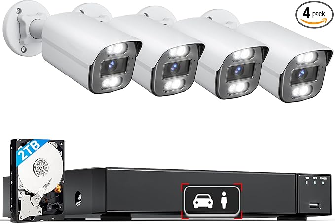 LongPlus 4K PoE Security Camera System Wired, 4pcs 8MP Home Security Camera System with 2TB HDD, H.265+, 24/7 Recording, Spotlight Color Night Vision & Clear Stream, LP8MC84B2