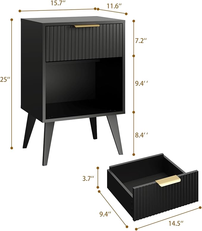 Fluted Night Stand with Opening Storage,Mid Century Bedside Table with Drawer,Modern Nightstand with Solid Wood Legs,End Table Side Table for Living Room,Bedroom,Black CTG56BK